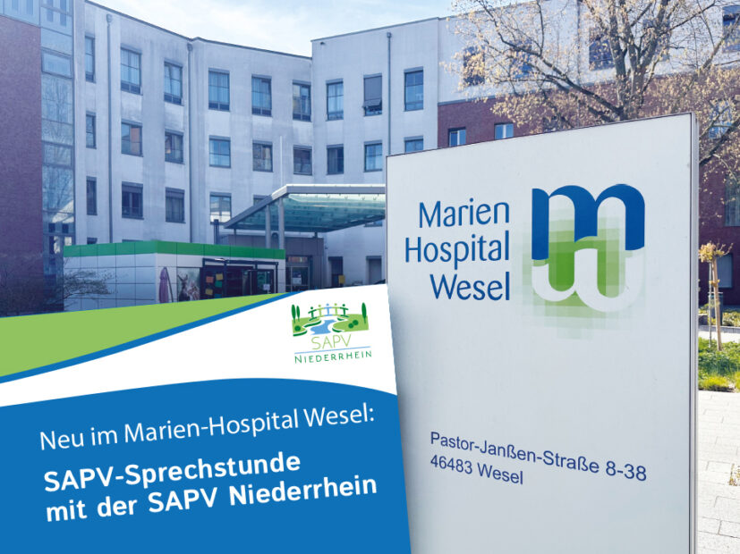 Auf dem Bild sieht man den Eingangsbereich vom Marien Hospital in Wesel und links davon die Abbildung eines Flyers, auf dem die neue Sprechstunde der SAPV Niederrhein im Marien Hospital angekündigt wird.