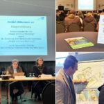 Es sind drei Bilder von der Bürgeranhörung als Collage zu sehen. Sie zeigen die Veranstalter, einen Einblick in die Veranstaltung sowie zwei Personen die sich die Pläne zum Hospiz am Wasserschloss Haus Wohnung ansehen.