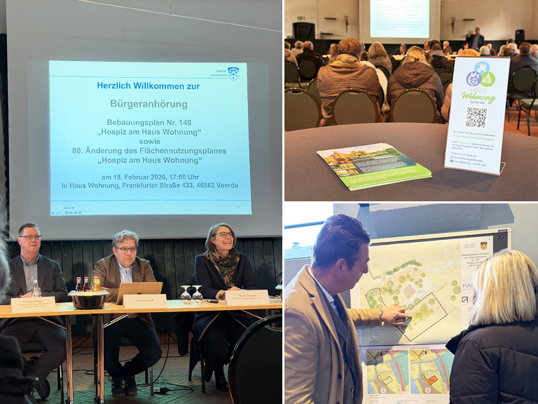 Es sind drei Bilder von der Bürgeranhörung als Collage zu sehen. Sie zeigen die Veranstalter, einen Einblick in die Veranstaltung sowie zwei Personen die sich die Pläne zum Hospiz am Wasserschloss Haus Wohnung ansehen.