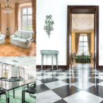 Auf dem Bild sieht man mehrere Räume im Wasserschloss Haus Wohnung: als Collage Salon, Foyer mit Blick in den Festsaal und Akademie