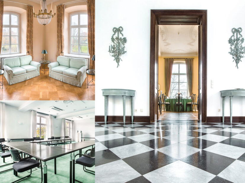 Auf dem Bild sieht man mehrere Räume im Wasserschloss Haus Wohnung: als Collage Salon, Foyer mit Blick in den Festsaal und Akademie